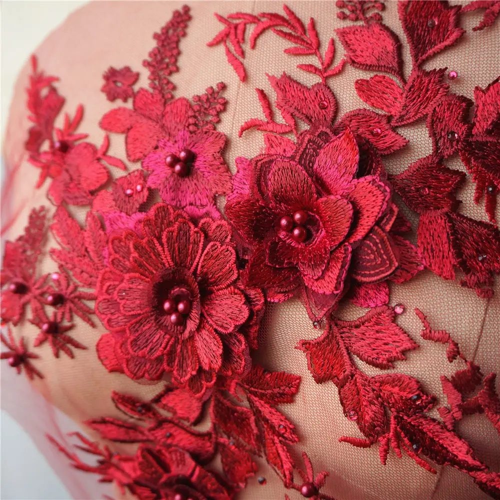 Бордовый кружевной ткани 3D цветок бисер Стразы вышитое свадебное платье