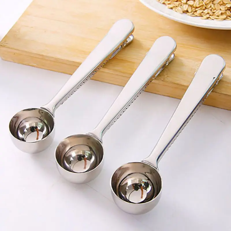 

Stainless Kitchen Two-in-One Steel Cafe Measuring Spoons With Sealing Bag Clip Tea Scoops