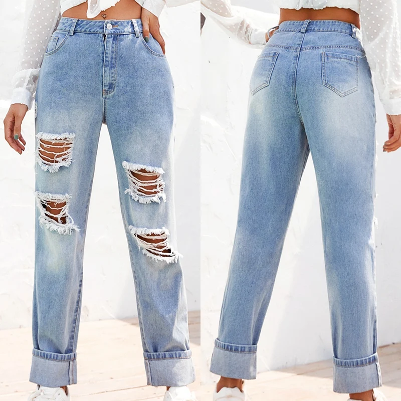 

Wash Bleaching Female Ripped Jeans for Women Casual Pencil Pants Mom Jeans High Waist Denim Skinny Jeans