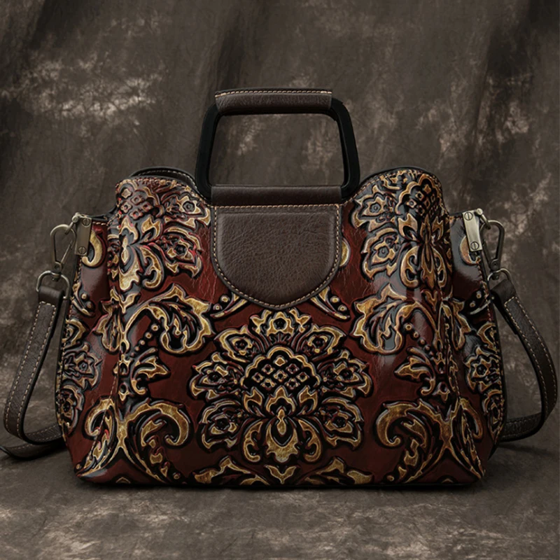

Women Leather Handbag Vintage Large Bags Embossing Printing Retro Designer Floral Shoulder Bag Luxury Tote Bags High Quality Bag