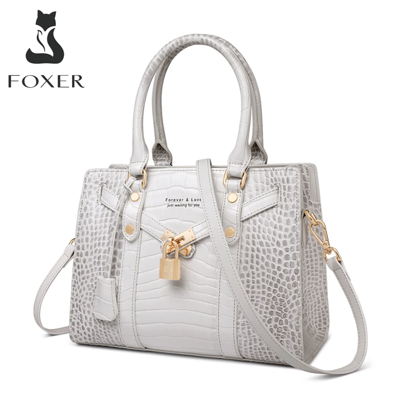 

FOXER Split Leather Large-Capacity Handbag Lady Fashion Fall Winter Commuter Shoulder Bag Luxury Crocodile Pattern Messenger Bag