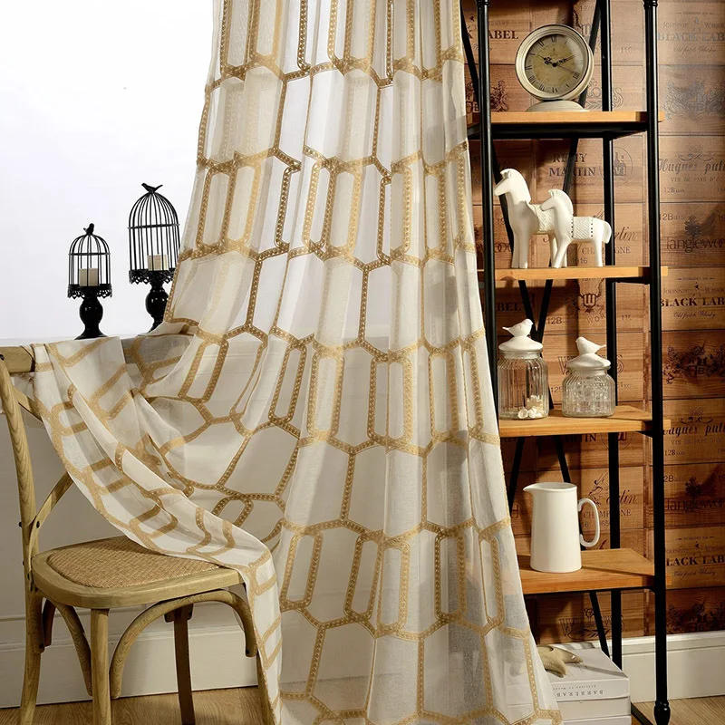 

Custom Curtains for Living Room Bedroom Honeycomb Yarn-American Country Duoly Texture Embroidered Window Yarn Fabric