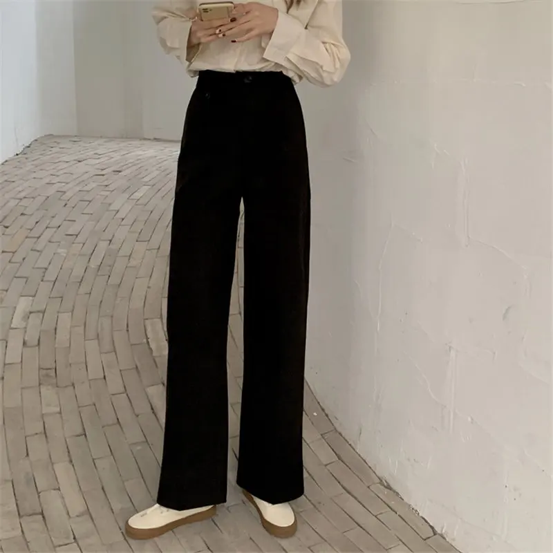 

HziriP Woolen Plus Chic Women Retro 20211 Fashion High Waist New Hot Bottom OL Solid Loose Casual Trousers Wide Leg Pants Femme