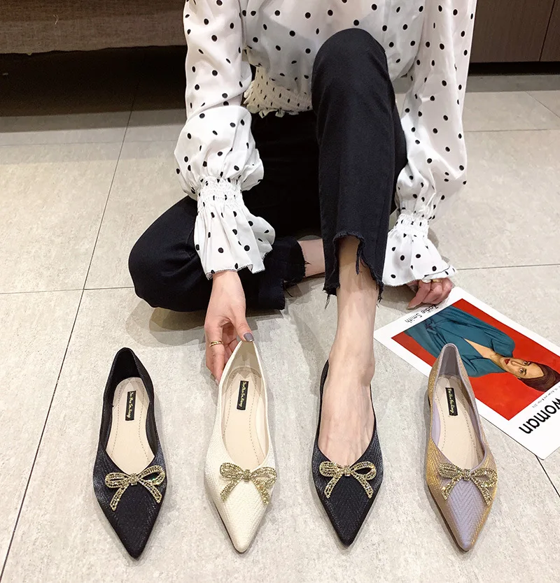 

Fashion Elegant Pointed Toe Women's Pumps Female Butterfly Knot Summer Casual Soft Boat Shoes Slip On Ballet Flat Heels