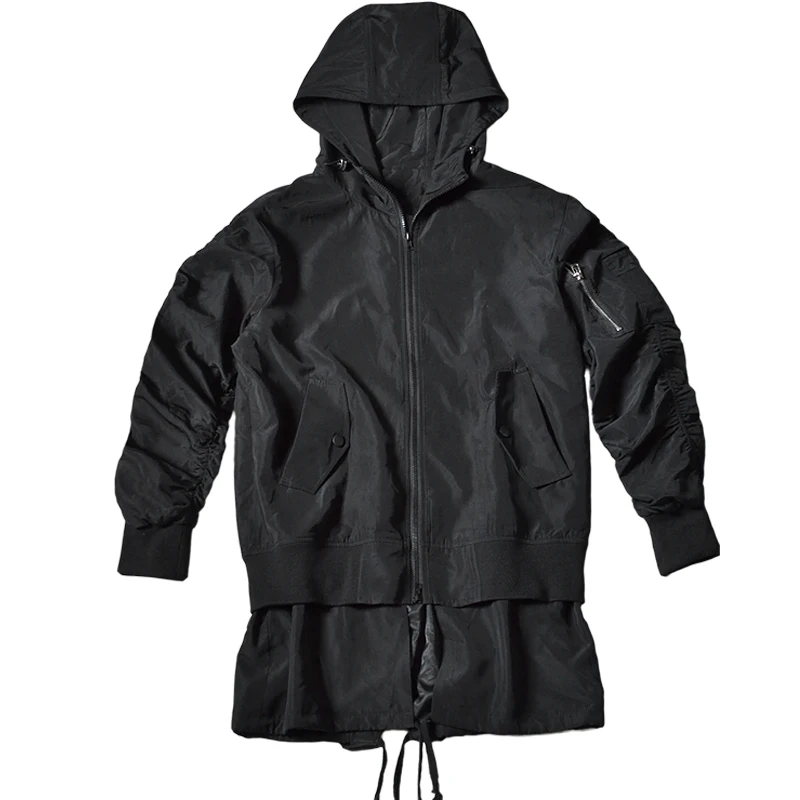 

High quality autumn winter men hip hop bomber jacket street punk fake two piece windbreaker man vintage casual hooded coat