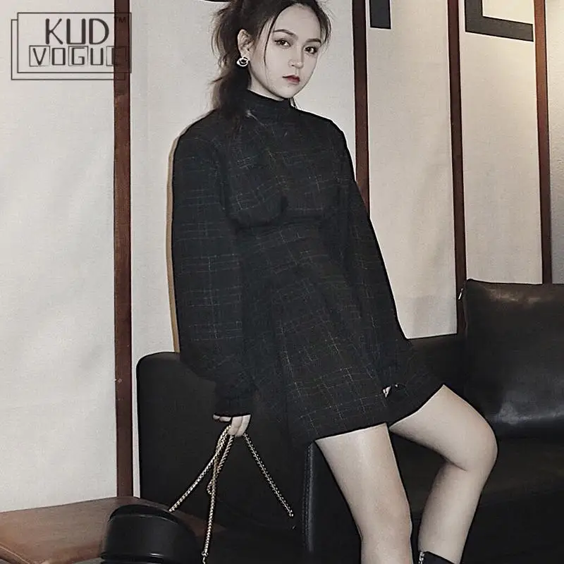 Осень в винтажном стиле готическом платье клетку для женщин Корейском мини Ulzzang