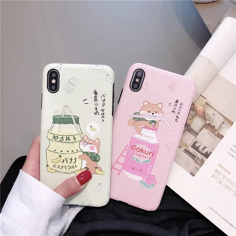 

Cute Japan pet dog Shiba Inu Green tea Peach drink silk Phone Case For iPhone X XS Max Xr 7 8 6 6s Plus Candy tpu Back Cover