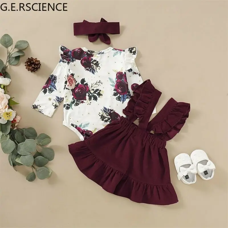 

2021 Newborn Baby Girl Clothes Set Floral Leotard Jumpsuit Top T-shirt Halter Skirt Bow Bow Hairband Clothes