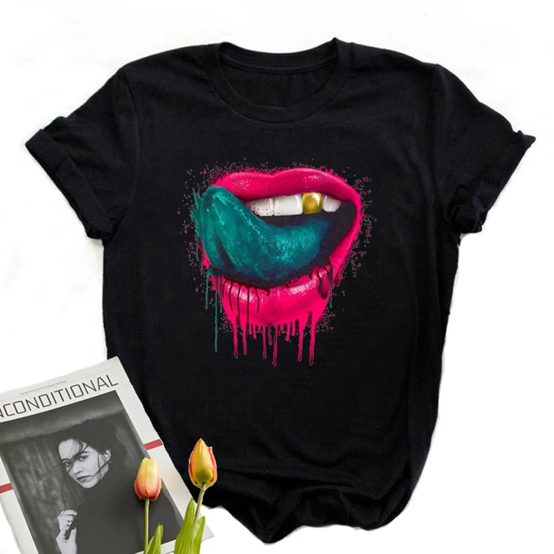 

Goblincore Grunge Fairy Core Graphic T Shirts Funny Design Y2k Women's Fashion T-Shirts Sexy Lips Feature Printing Clothing