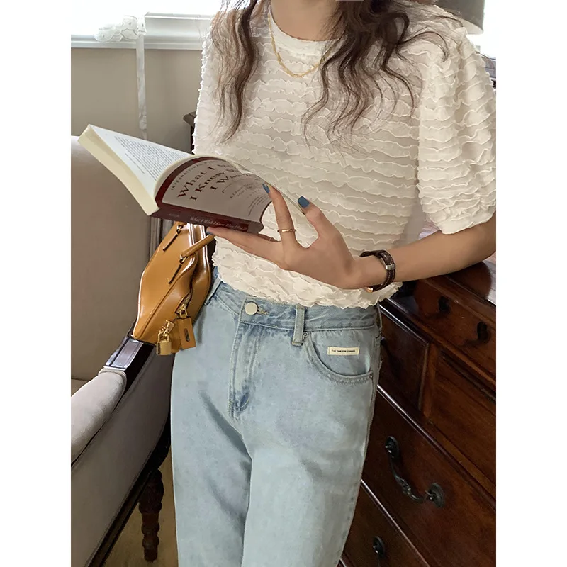 

Short-sleeved T-shirt Women 2021 Summer Korean Loose Design Temperament Top Sweet Venetian Leaf Flower O-neck Casual Tees Humor
