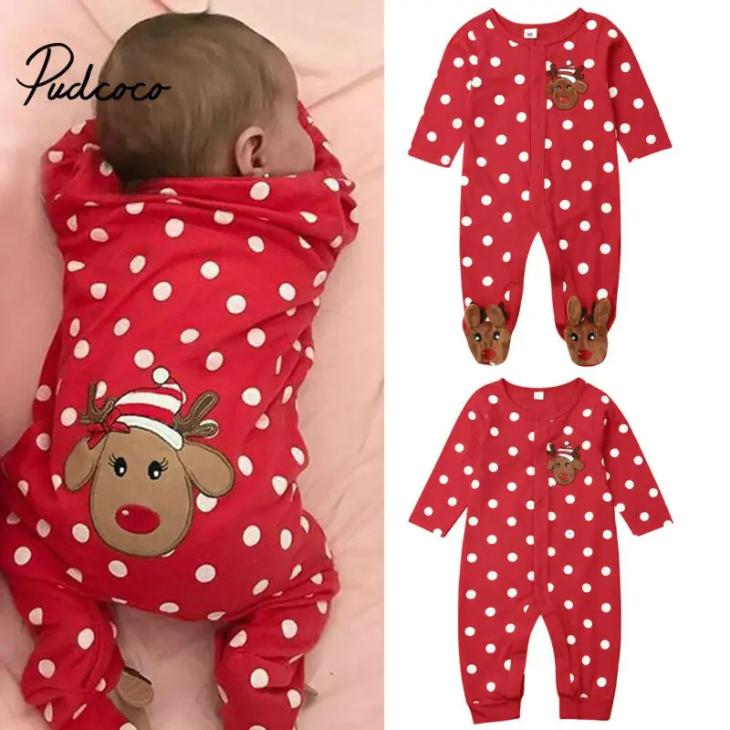 Pudcoco 2020 Новое поступление Рождественские комбинезоны в красный горошек для