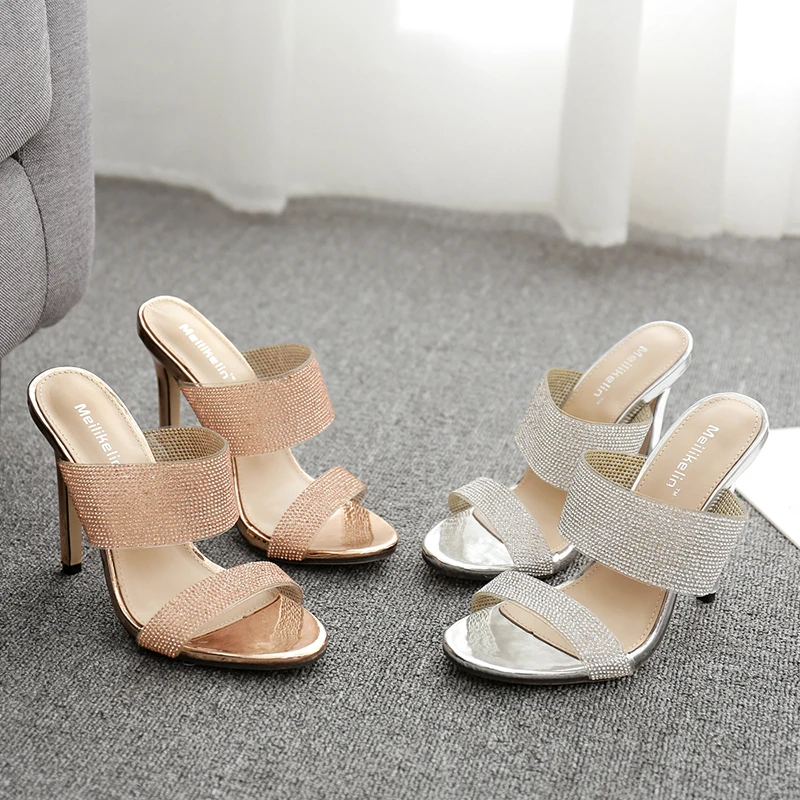 

Plus Size 35-42 Rhinestone PU Leather Women's Slippers 2020 Summer Stiletto High Heels Casual Women Sandals Fashion Ladies Shoes
