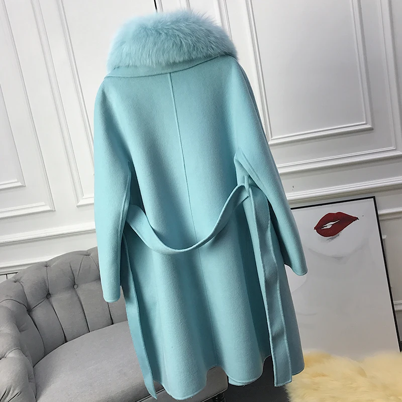 Шуба кашемировая Женская двусторонняя с натуральным мехом лисы поясом длинная