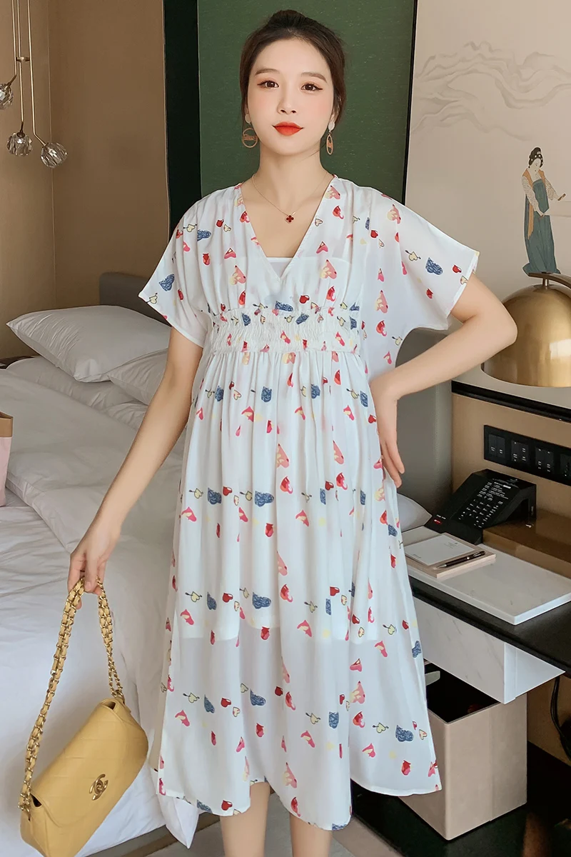 

318 Summer Korean Fashion Floral Print Chiffon Maternity Dress Slim High Waist A Line Loose Clothes for Pregnant Women Pregnancy