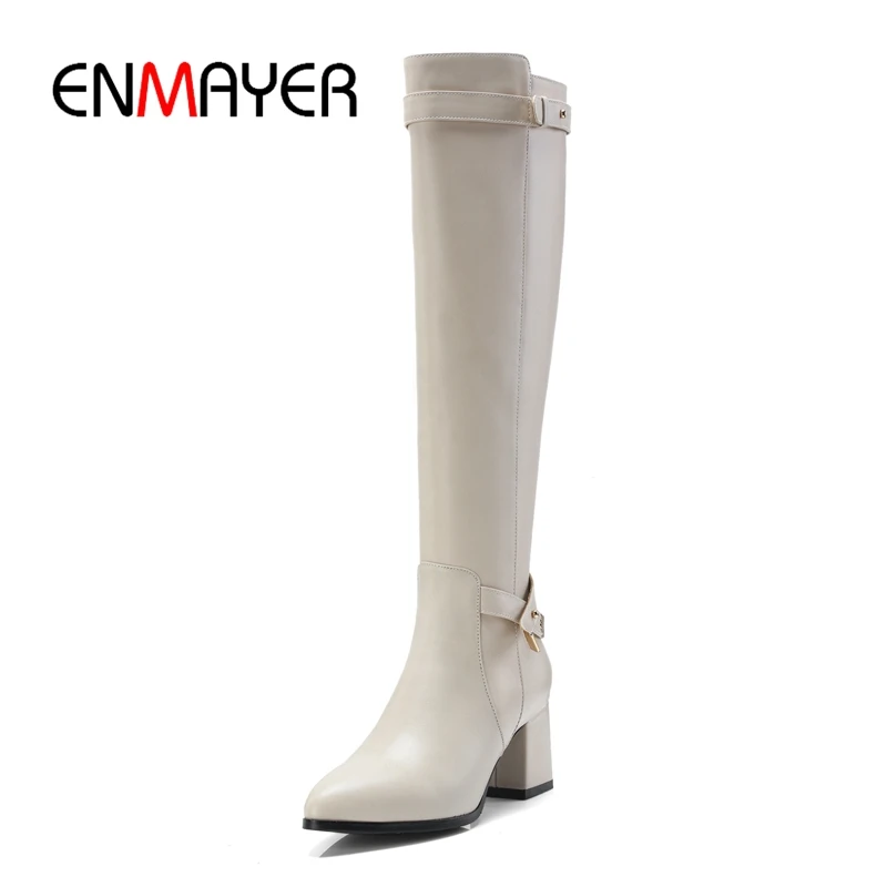 

ENMAYER Women Knee high Boots Pointed Toe Low heels Winter Shoes Black Size 34-40 Flock Fashion boots buckle Gray women boots