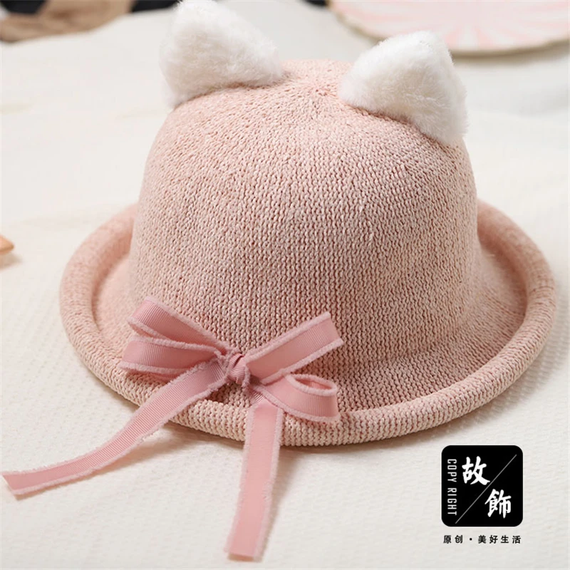 Соломенная шляпа в стиле &quotЛолита&quot с розовым бантом и изогнутыми кошачьими