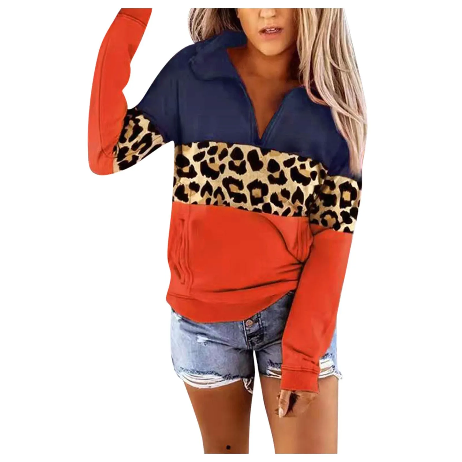 

Striped Collar Sweatshirt Leopard Color Women's Loose Sweater Long Zipper Hoodie Print Contrast Stand-up Casual Sleeve Top