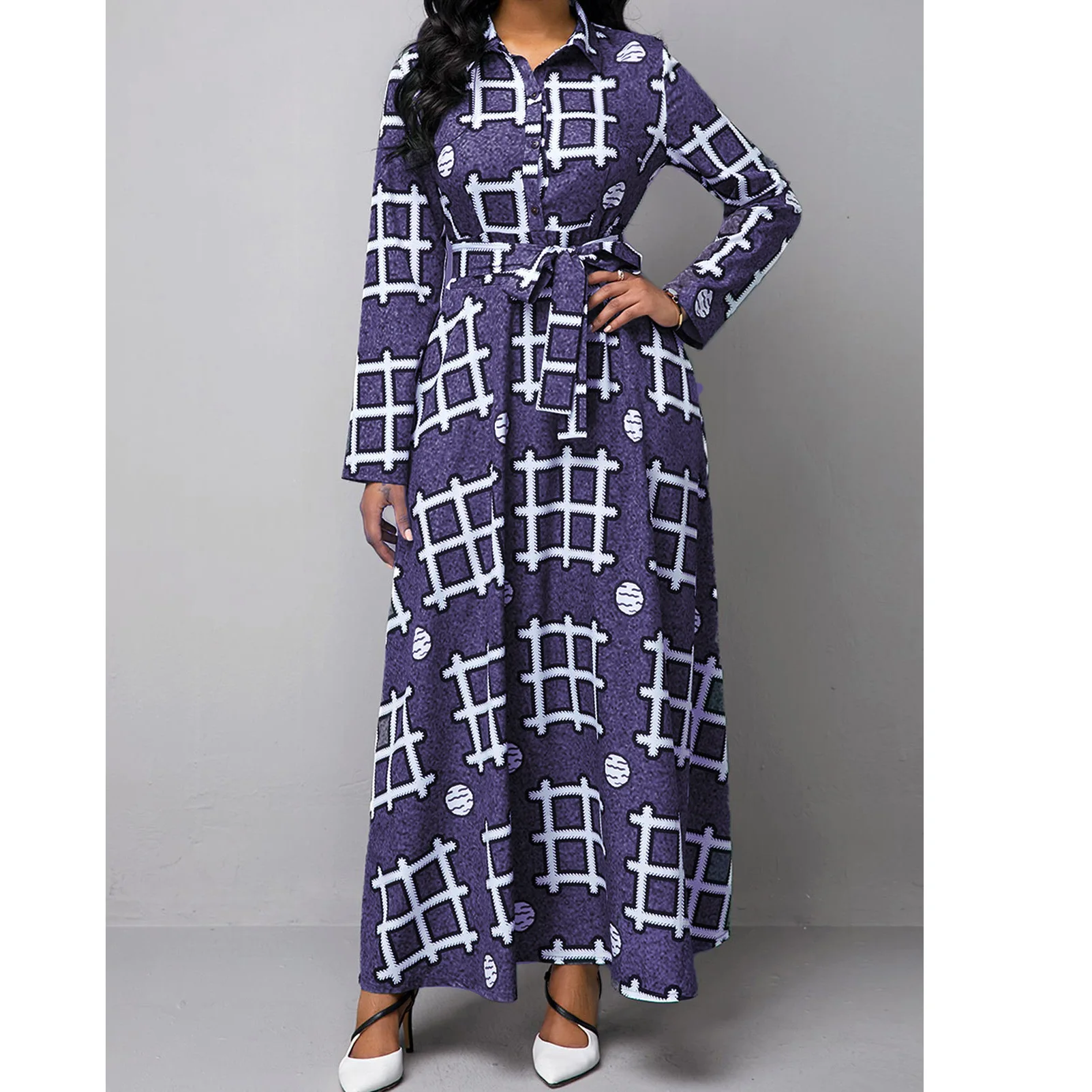 

S-5XL макси платье большой Размеры женские нагрудные/воротник-поло с длинными рукавами с пуговицами и поясом с модным принтом Элегантное Длин...