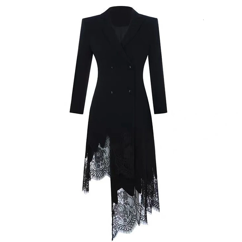 

Elegant Lace Patchwork Women Dress 2019 Autumn Lapel Long Sleeve High Waist Button Slim Asymmetrical Dresses Female Fashion New