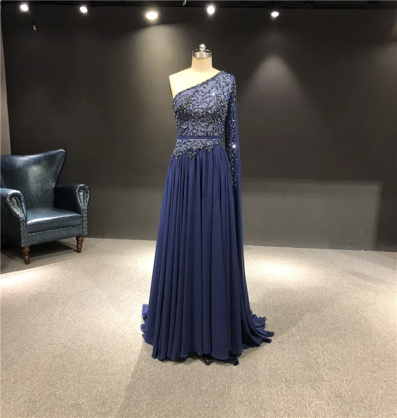 

Платья для вечеринки ElieSaab, 2021 реальные фотографии, темно-синие вечерние платья до пола с тяжелыми бусинами и одним открытым плечом для офици...