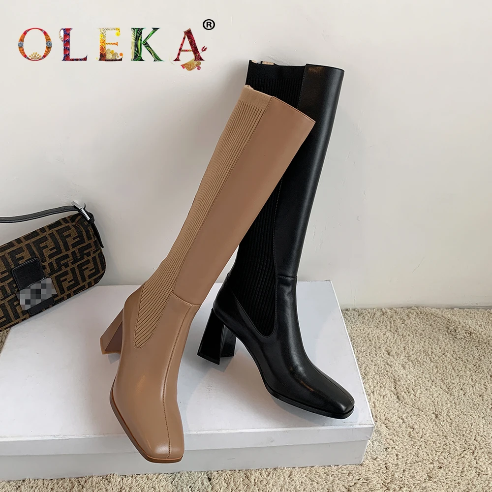 Kopen Oleka Lederen Knie-Hoge Winter Laarzen Voor Vrouwen Vierkante Hak Totem Vierkante Neus Bont Laarzen Mode Stijl Werk & Veiligheid Nieuwe AS817