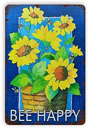 

12X8 Inch Tin Signs Sunflower Bee Happy Retro Metal Tin Signs Vintage Style Sign Wall Plaque Art Decoration Mural Funny Gifts fo