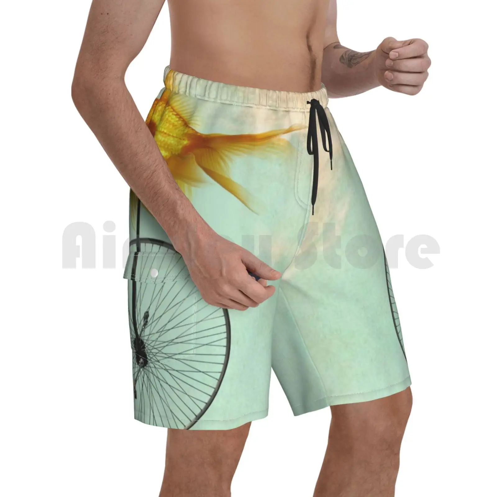 

Unicycle Goldfish Beach Shorts Men Beach Pants Swim Trunks Uni Unicycle Bike Goldfish Disguised Shark Teal Orange