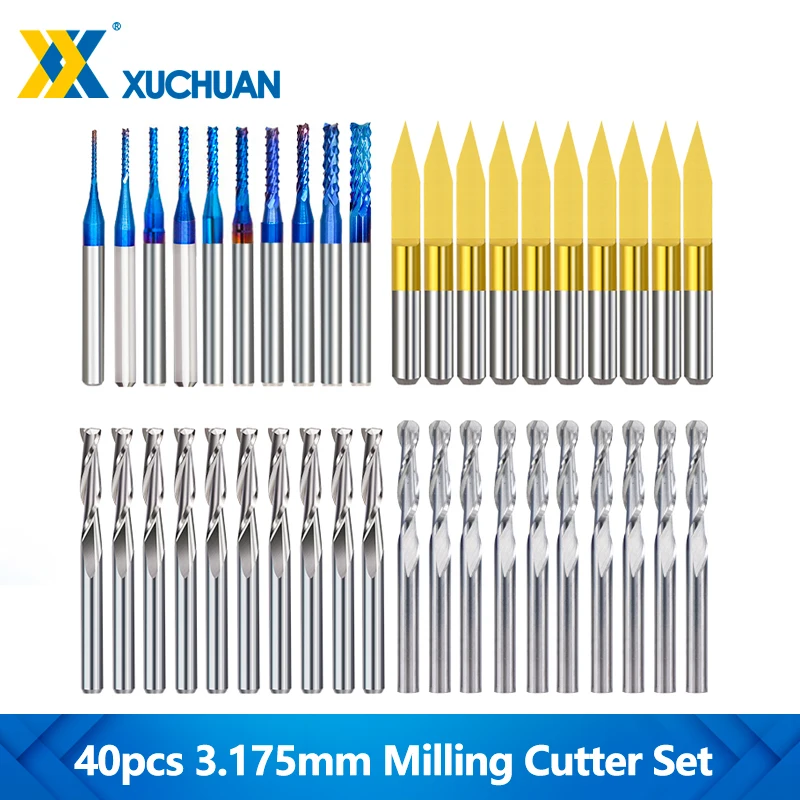 

10/40pcs End Mill Engraving Bits Set 3.175mm Shank CNC Router Bits Ball Nose End Mill PCB Milling Cutter Carbide Milling Tools