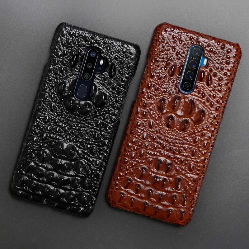 

Genuine Leather Phone Case For Realme 3 5 6 X Lite XT X2 X50 Pro Q Cases Natural Cowhide Crocodile Head Texture Cover Funda Capa