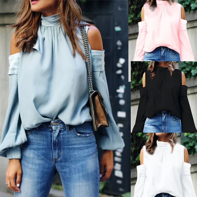 На шнуровке Женская атласная блузка с открытыми плечами водолазка расклешенные