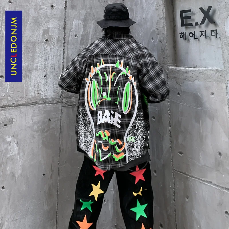 

Рубашка мужская UNCLEDONJM, с длинным рукавом, на пуговицах, в стиле хип-хоп, повседневная, Японская уличная одежда