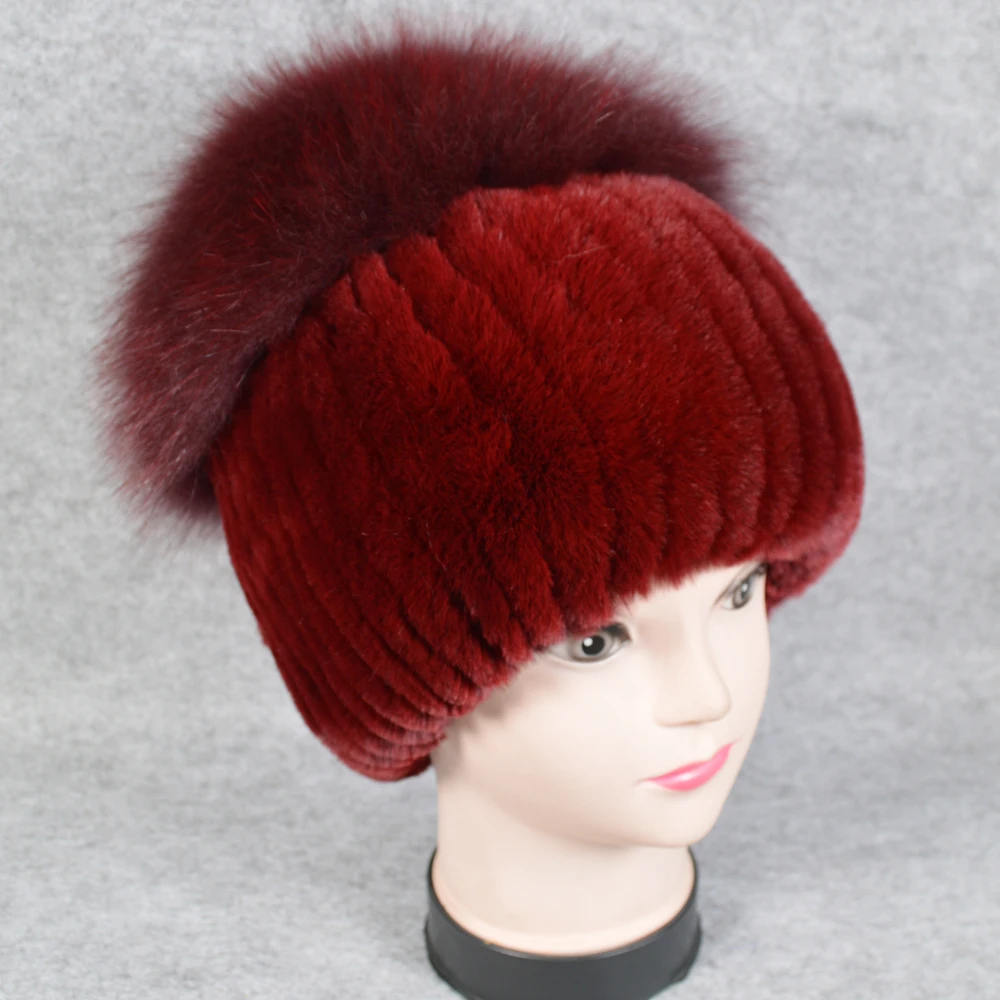 Женская шапка из натурального Лисьего меха зимняя вязаная Настоящий мех кролика