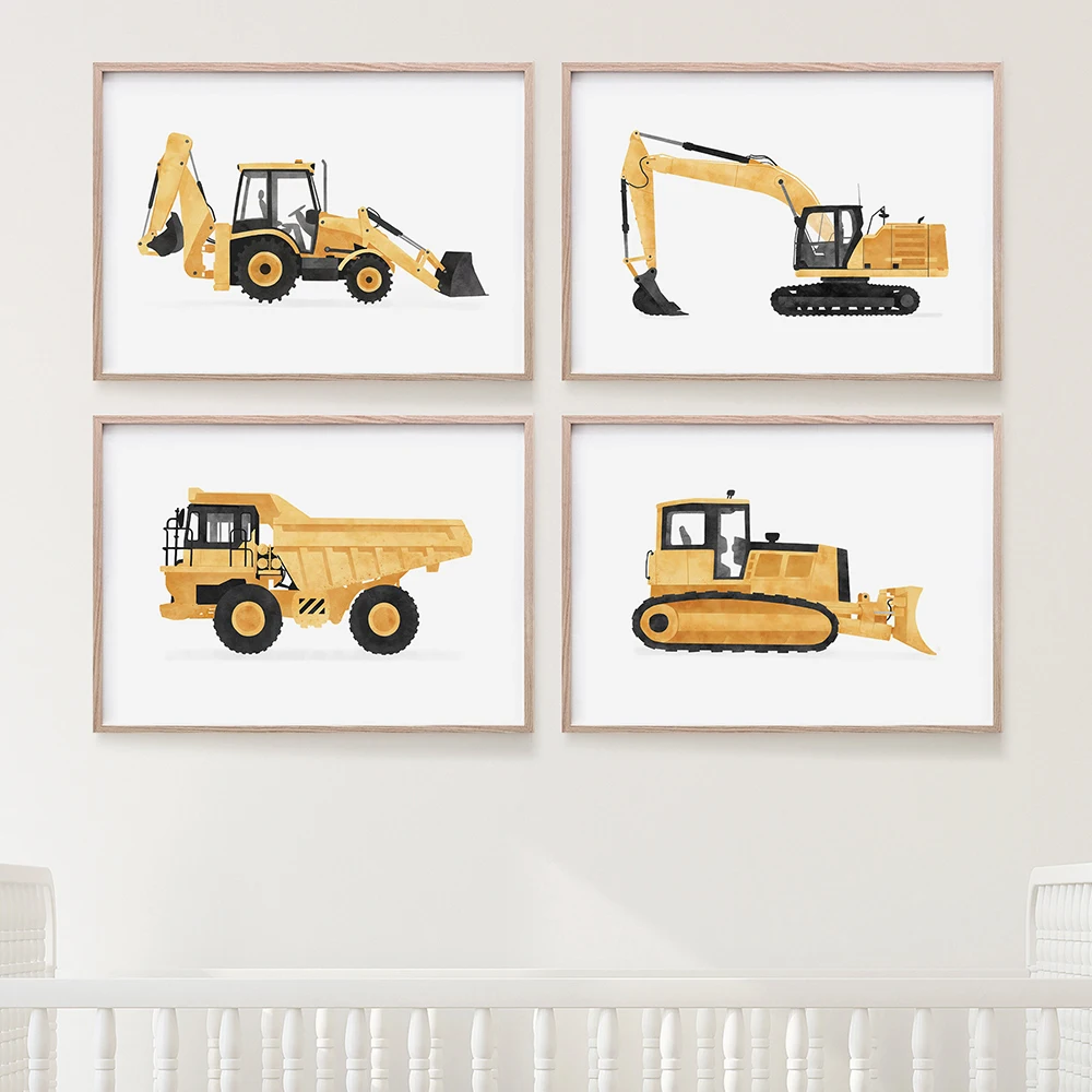 

Construction Vehicle Boys Canvas Poster Yellow Dump Truck Excavator Nursery Print Painting Pictures For Kids Room Home Decor