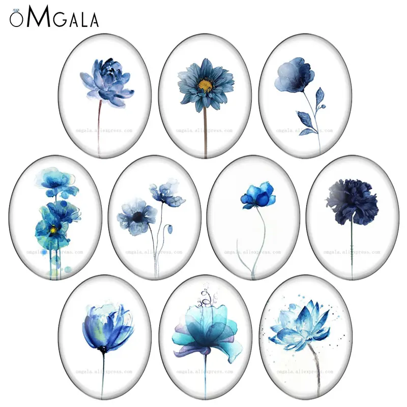 

Blue color watercolor flowers patterns 10pcs 13x18mm/18x25mm/30x40mm Oval photo glass cabochon demo flat back Making findings