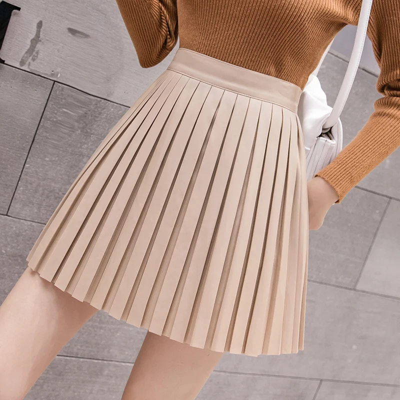 

Spring Summer Casual PU Leather Skirt Women Elegant Mini A-Line Skirt Lady Skinny High Waist Skirts Black