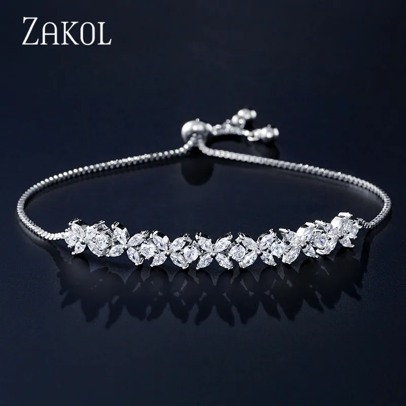 ZAKOL, Новое поступление, белый Фианит, циркон, камни, цветок, шарм, регулируемые браслеты для женщин, модные свадебные ювелирные изделия, FSBP2136