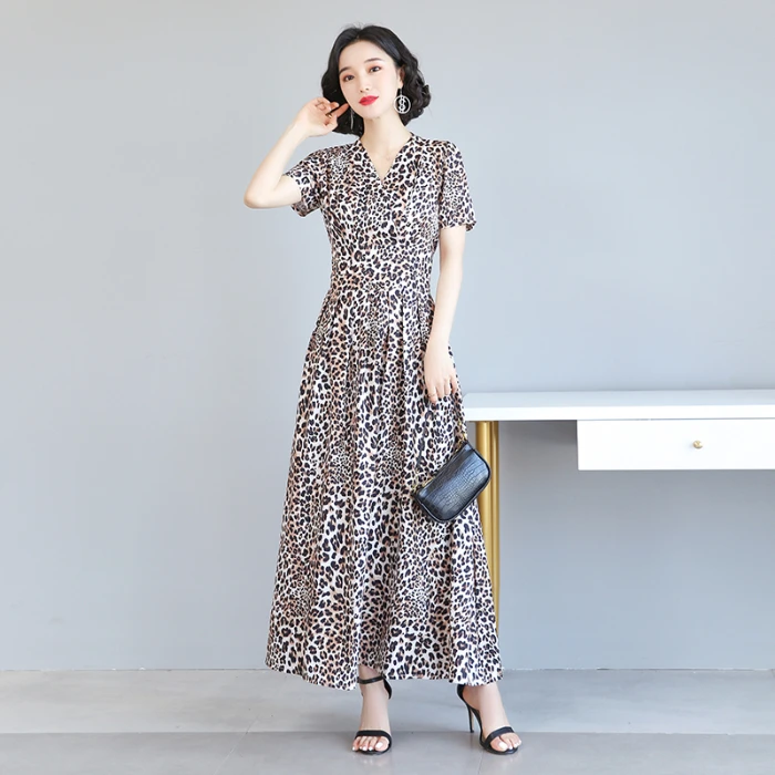 

NIJIUDING 2020 Summer Women's Retro Long-sleeved Long-sleeved Long DressV-neck Leopard Print Ankle Swing Dresses Fashion Wild