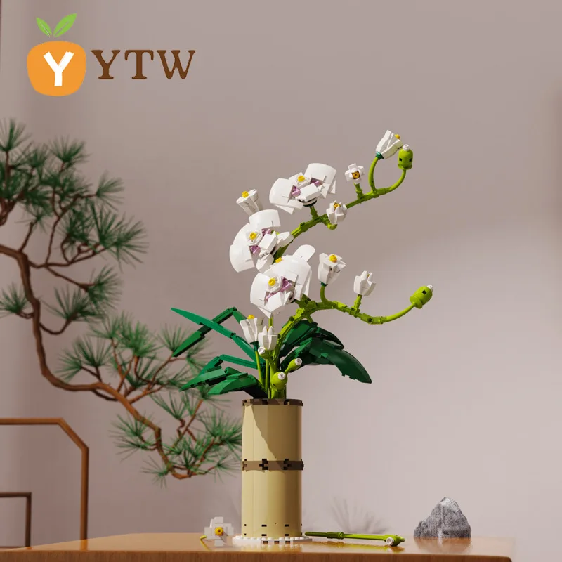 

Boxed Phalaenopsis bouque Potted Red Plum Blossom Flowers Building Blocks Bouquet With Vase Bricks Toys Gift Home Decor