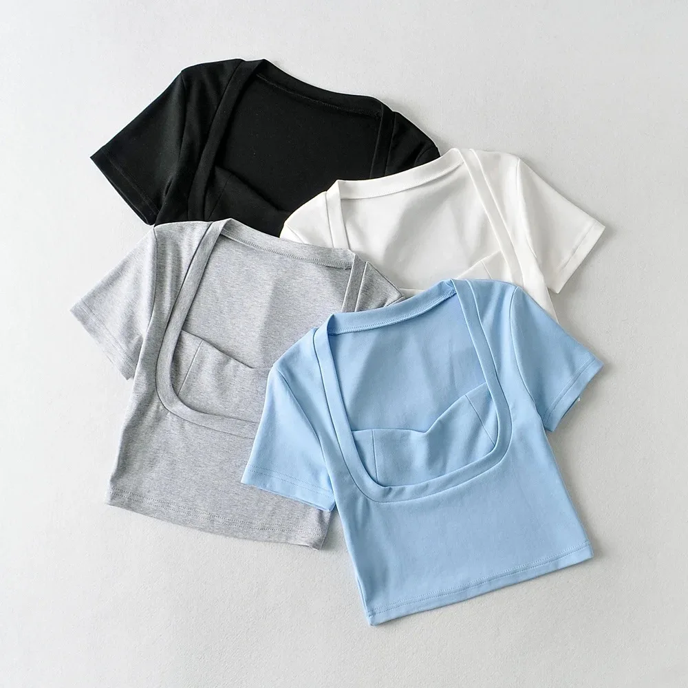 

KUSAHIKI Sexy Crop Top Graphic Tees Women Short Sleeve Square Collar Tshirt Summer 2021 New Patchwork Fake Two Pieces Top 6H898