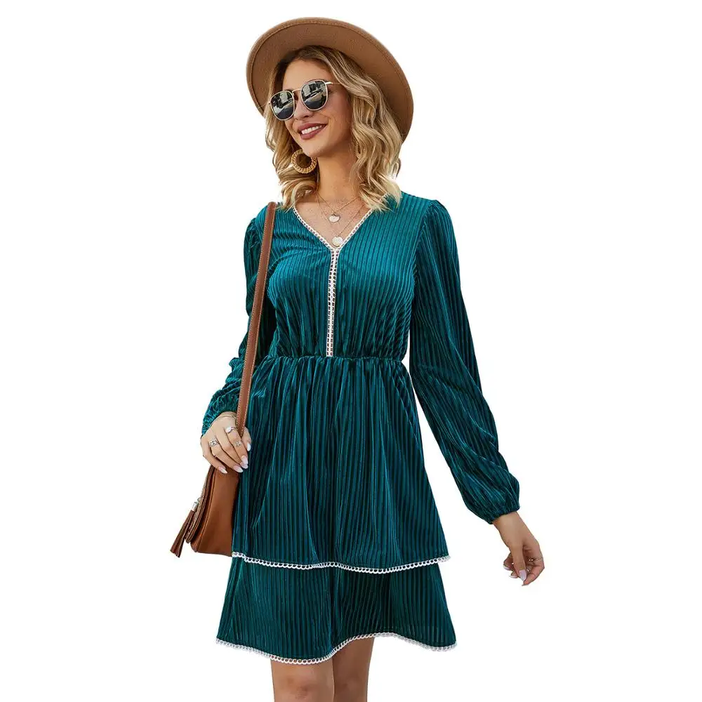 

Whzhm Layered Dresses Women Autumn Boho Long Sleeve V-neck A-line Vestidos Feminina Pleated Hem Green Lace Patchwork Ladies