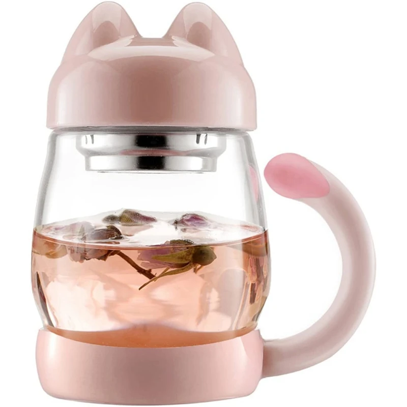 

420 Ml / 14 Oz Portable Cute Cat Tail Glass Tea Cup with A Lid, Heat Resistant Mugs with A Strainer