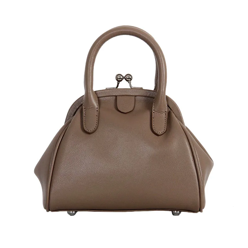 

WOONAM Women Handbag Top Hide Genuine Calf Leather Small Top Handle Frame Clasp Shoulder Bag BG2007
