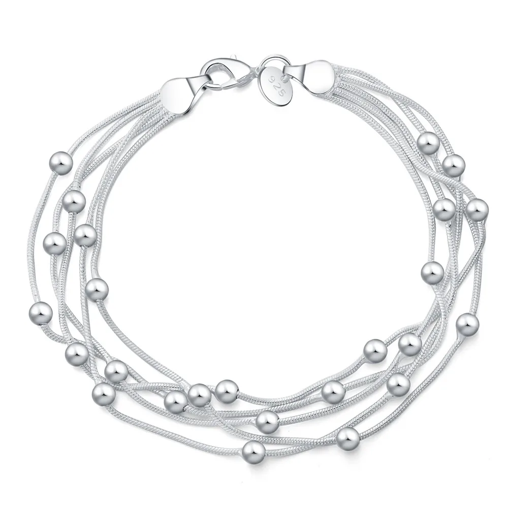 

925 Delicate Silver Bracelet, 925 Sterling Silver Jewelry Five Line Beads Ball Bracelets Bangle for Women Pulseiras De Prata