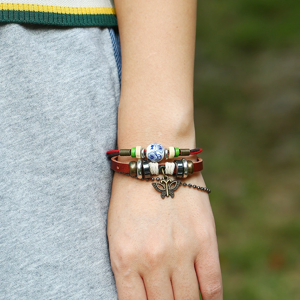 Модный винтажный Браслет манжета из сплава с подвесками в виде бабочки Кожаный