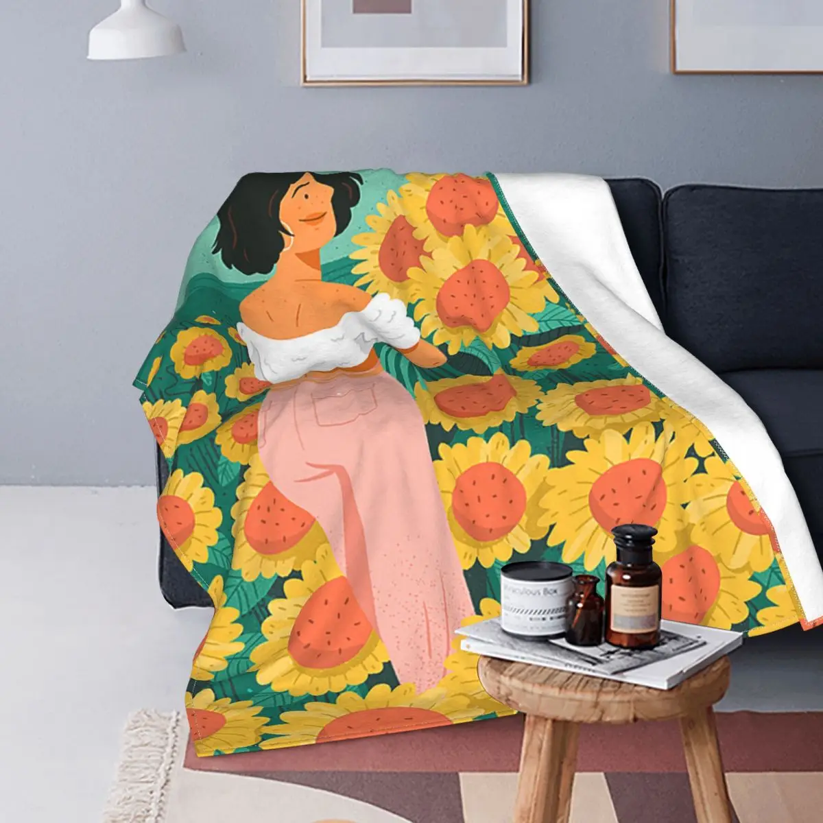 

Sunflower And Girl Blanket Fleece Autumn/Winter Cartoon Anime Cute Breathable Super Warm Throw Blankets for Bed Travel Bedspread