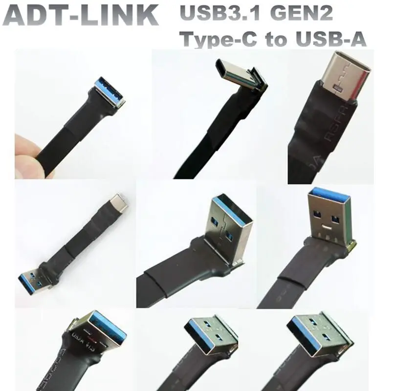 

USB3.1 Flat Cable USB Extension Cable GEN2 Type C To Type A Connector Data Cable Straight/Right Angled USB-A USB-C Riser Adapter