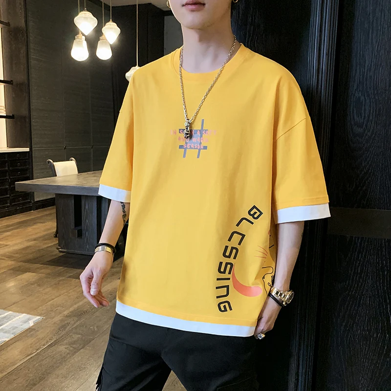 

Summer Youth Cotton Short-Sleeved T-Shirt Casual Loose Version Fake Two Piece Letter Printing Men's&women's All-Match T-Shirt