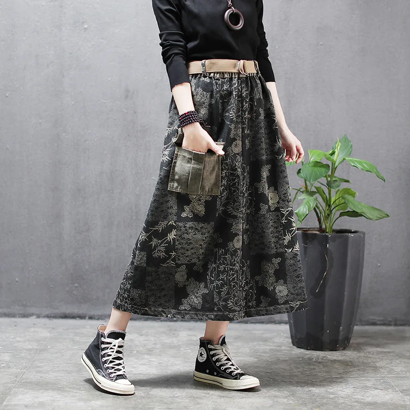 Джинсовая юбка в стиле ретро с принтом длинными свободными рукавами