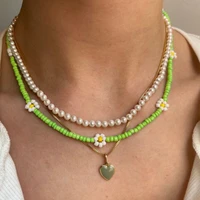 boho green heart daisy pearl beaded necklace for women handmade weaving flower choker mutilayer baroque necklace set y2k jewelry