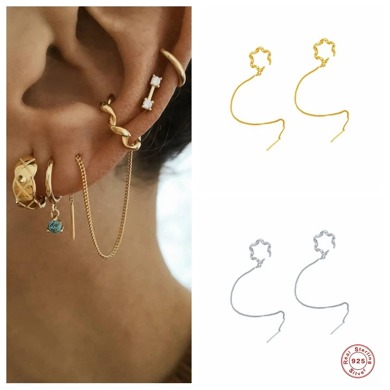 

Aide 925 Sterling Silver Dangle Long Chain Tassel Clip Earrings For Women Girls Single Twist Circle Ear Cuff European Jewelry